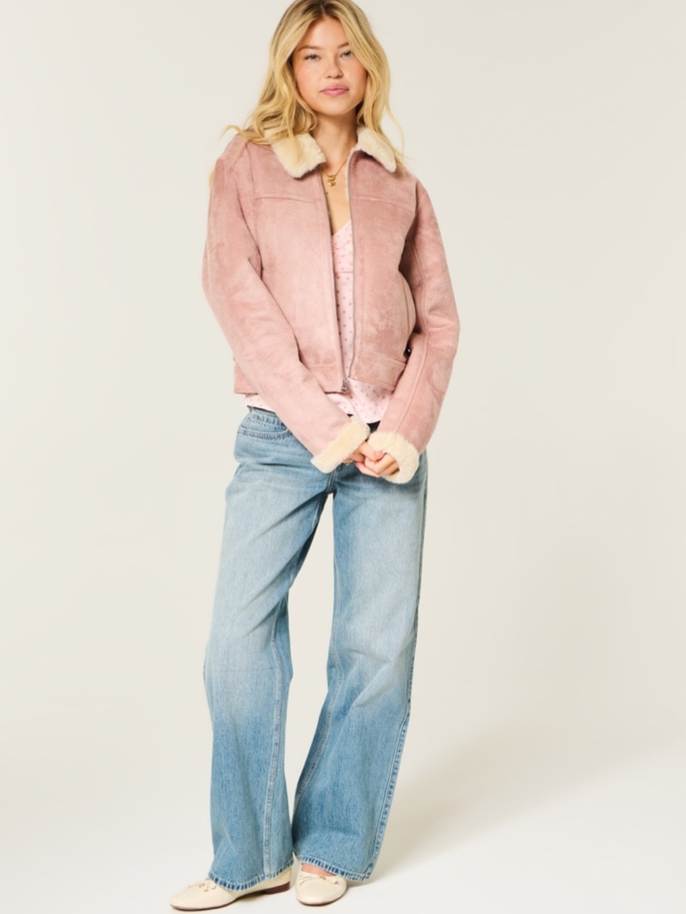 Hollister Blush Faux-Suede Jacket with Cream Faux Fur Collar - Size Small - Picture 4 of 9